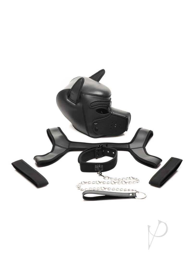 Master Series Full Pup Arsenal Set Neoprene Puppy Hood, Chest Harness, Collar With Leash And Arm Bands - Black
